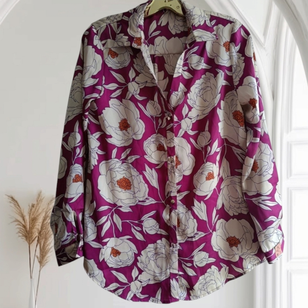 S💜 Floral Button-Up Silky Shirt - Picture 2 of 9